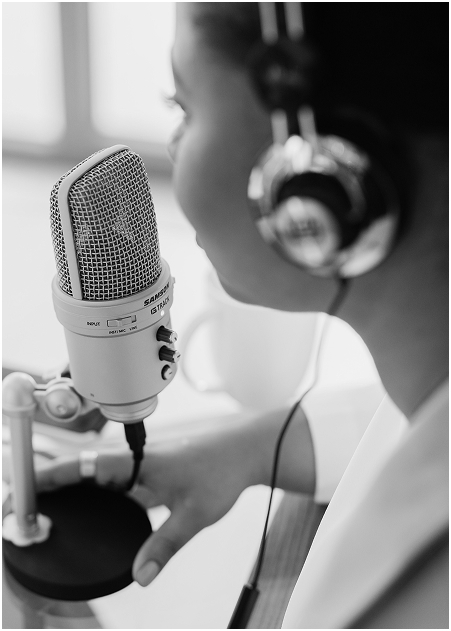 Podcast studio chair and microphone